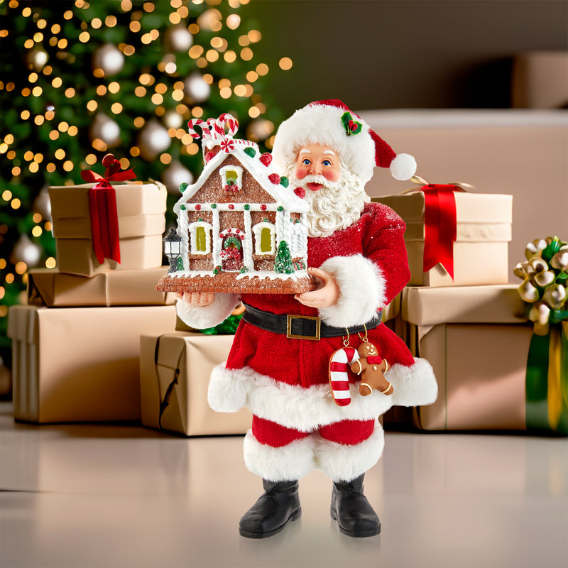 Kurt Adler 12" Fabriché™ Battery-Operated Santa With Light-Up Gingerbread House