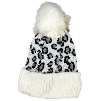 Snow Leopard Print Slouchy Beanie with Faux Fur Snap Pom Pom | Headbands of Hope